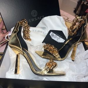 Gold Versace heels MEDUSA METALLIC CHAIN SANDALS